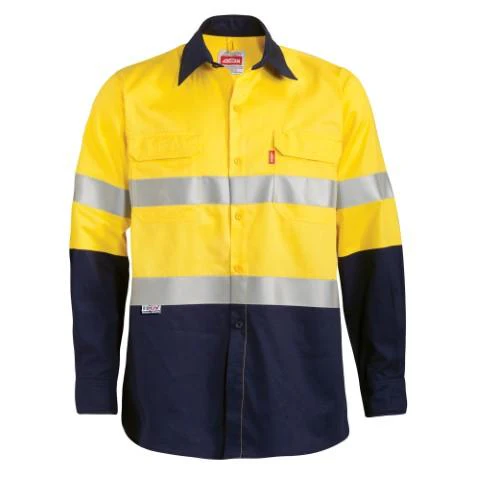 Jonsson | Jonsson | Twipake Jonsson Workwear 100_ Cotton Vented Long Sleeve Reflective Work Shirt Msvent Navy Yellow